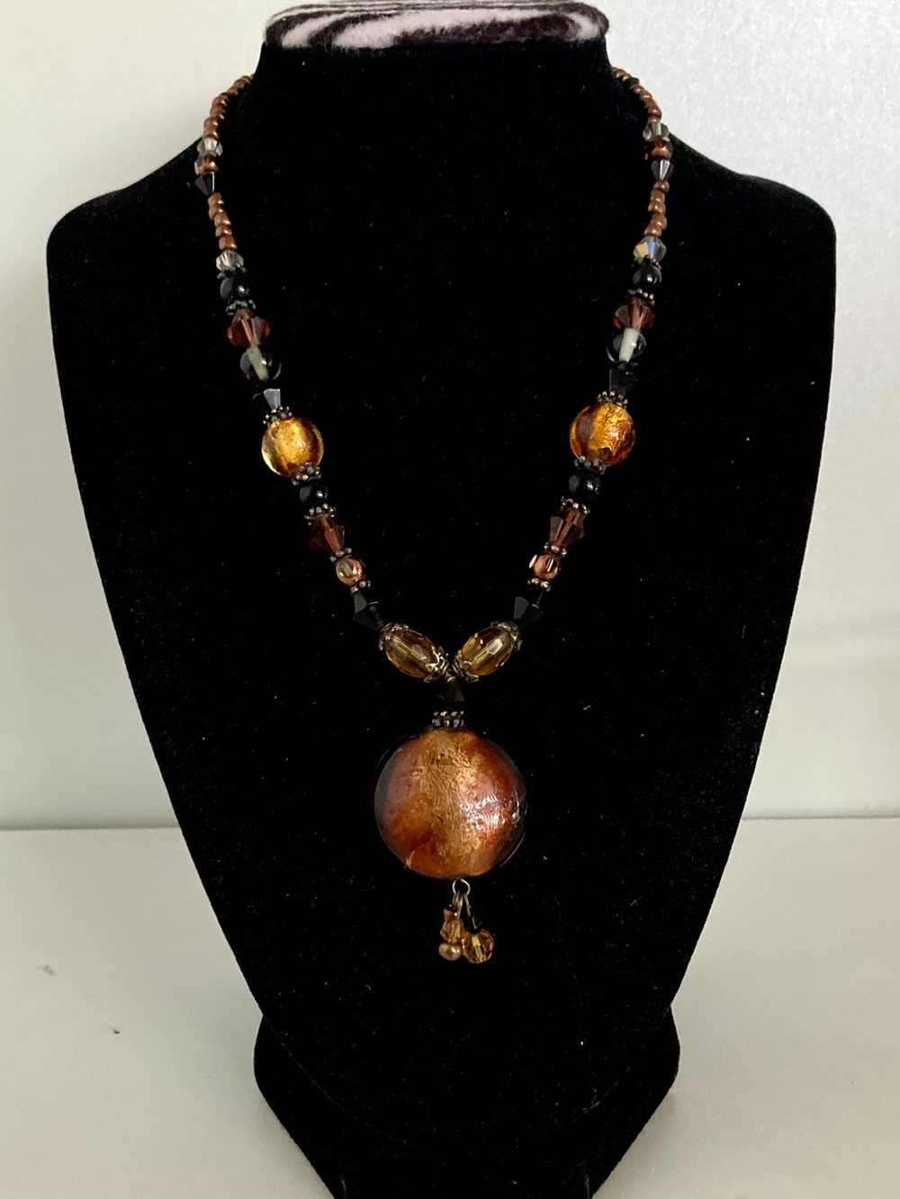 Brown Glass Pendant beaded Necklace preloved vintage look Jewelry